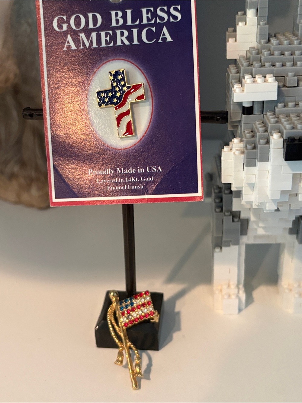 God Bless America American Flag and flag Cross Pin - Red, White & Blue